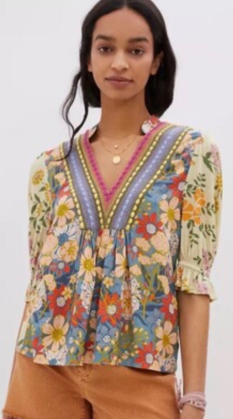 Blank London Anthropologie Stephanie V-Neck Boho Floral 3/4 Sleeve Blouse Small